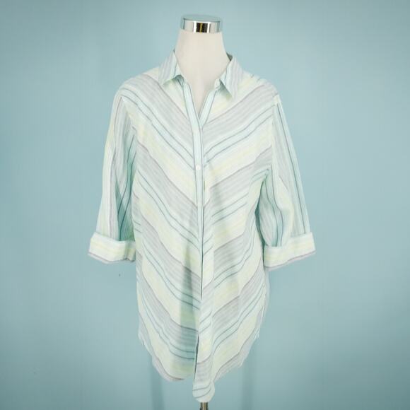 Chico's 3 Size XL Blue Stripe Print Button Tab Sleeve No Iron Linen Tunic Top - Picture 1 of 7